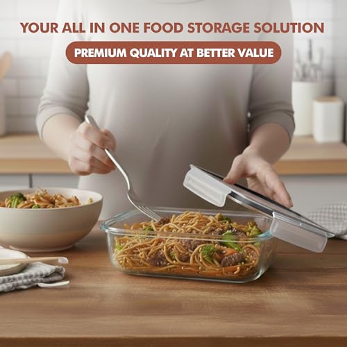 Razab 16 Pc (Set of 8) 30 Oz Glass Meal Prep Containers with Lids, Airtight Large Glass Food Storage Containers, Reusable Leak Proof BPA Free, Freezer to Oven and Dishwasher Safe - color: Black