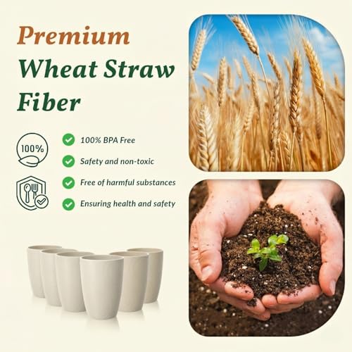 Homienly Plastic Cups Alternative 12oz - Wheat Straw Cups Set of 6 Reusable & Unbreakable Drinking Glasses Dishwasher & Microwave Safe Cups for Everyday Use-Beige - color: Beige, size: 12 Ounces