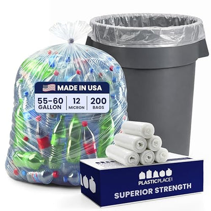 Plasticplace W55HDC1 55-60 gallon Trash Bags │ 12 Microns │ Clear High Density Garbage Can Liners │ 36” x 60” (200Count) - color: Clear, size: 200 Count (Pack of 1)