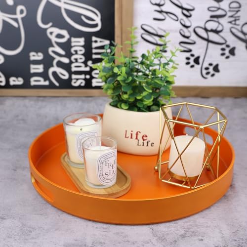 Round Orange Decorative Serving Tray with Handles, 13” Versatile Ottoman Tray for Coffee Table, Entertaining, Outdoor Patio, Living Room - color: Orange, size: 13"