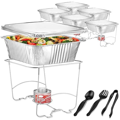 Complete Chafing Dish Buffet Set (39pc) Disposable Catering Supplies- Includes Serving Utensils, 6hr Fuel cans, 6 Half Size Chafing Pans & Wire Racks- Premium Party Food Warmer Trays