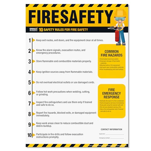Workplace Fire Safety Poster – OSHA Fire Prevention Rules Chart, 10 Fire Safety Guidelines, Waterproof, Tear-Resistant Emergency Response Sign - size: Fire Safety