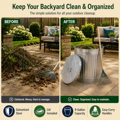 Gardenised Round Galvanized Steel 9 Gallon Trash Can with Lid and Handles Durable Metal Storage Bucket for Backyard Lawn Garden and Yard Use Weather-Resistant Garbage Can for Indoor and Outdoor - size: 9 Gallons