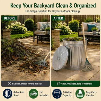 Gardenised Round Galvanized Steel 9 Gallon Trash Can with Lid and Handles Durable Metal Storage Bucket for Backyard Lawn Garden and Yard Use Weather-Resistant Garbage Can for Indoor and Outdoor - size: 9 Gallons