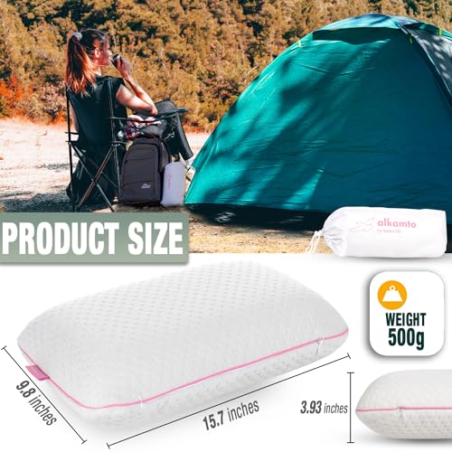 alkamto Travel & Camping Comfortable Memory Foam Pillow – Easy to Carry Portable Bag – Temperature Regulating Pillow Case (Pink + Extra Cover) - size: 15.7 x 10.6 x 3.9 In - Pink + Extra Cover