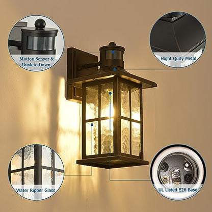 FLEDAVID Motion Sensor Porch Light Black Dusk to Dawn Outdoor Wall Lantern - color: Black(Gold Trim) 1-Pack