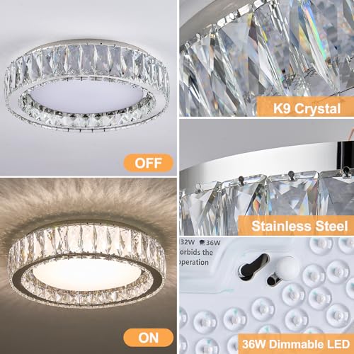 15 Inch Dimmable Modern Crystal LED Flush Mount Ceiling Light - color: Chrome, size: 15 Inch
