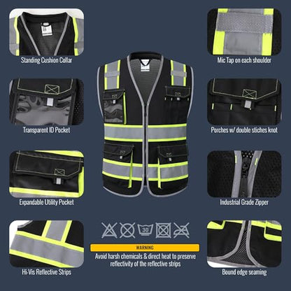 JKSafety Safety Vest for Men Women Hi Vis with Pockets and Cushioned Collar Construction Vest Meet ANSI Standard (BX360) - color: Black, size: XX-Large