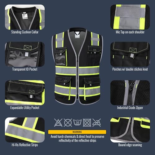 JKSafety Safety Vest for Men Women Hi Vis with Pockets and Cushioned Collar Construction Vest Meet ANSI Standard (BX360) - color: Black, size: 4X-Large