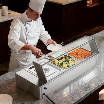 VEVOR Commercial Food Warmer, 1500W Electric Stainless Steel Steam Food Warmer with Glass Cover, Countertop Buffet Bain Marie with Three 1/2 Size Food Pans, for Catering, Restaurant, Party & Buffets - size: 3*1/2Pan