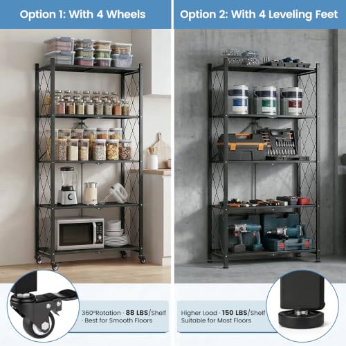 ALANNG 70.7" H Metal Storage Shelves, 5 Tier Folding Shelf on Wheels - color: Black