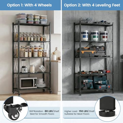 ALANNG 70.7" H Metal Storage Shelves, 5 Tier Folding Shelf on Wheels - color: Black