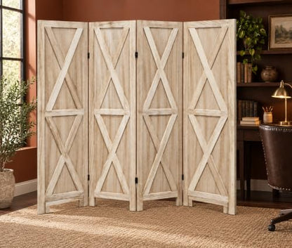 Premium Home 4-Panel Room Divider, Natural Barn Door X-Pattern Screen - color: Natural - X Pattern - 4 Panel
