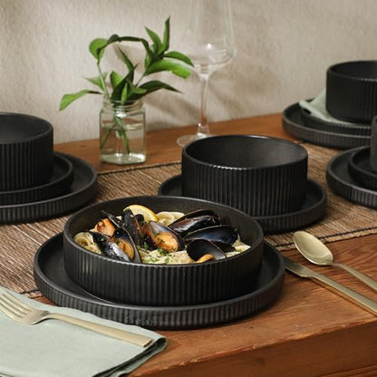 Gibson Elite Deerfield 16-Piece Stoneware Dinnerware Set – Matte Black Reactive Glaze Plates and Bowls, Stackable, Modern Design, Service for 4 – Microwave & Dishwasher Safe - color: Matte Black (Deerfield)
