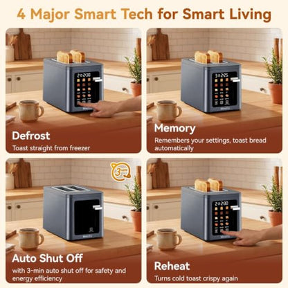 Mecity 2 Slice Toaster Smart Touchscreen, Stainless Steel Wide Slot Toasters Defrost, Reheat, Memory Function, Auto Shutoff, Digital Electric Bread Toaster for Bagel Muffin Waffle, 120V - color: 2 Slot-Brushed stainless steel gray