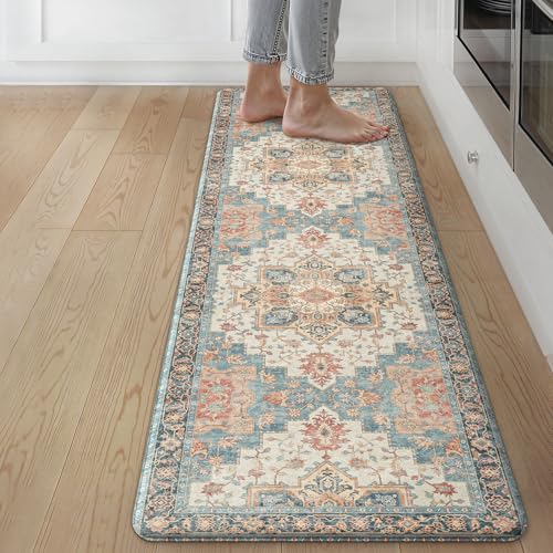 GENIMO Anti Fatigue Kitchen Mats for Floor 17"X59", Runner Rug,BlueCoral - color: Blue&salmon, size: 59"L x 17.3"W x 0.4"Th