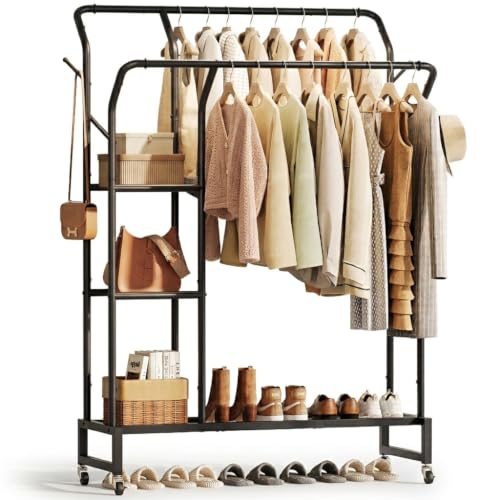 Yoobure Double Rods Clothes Rack - Portable Clothing Rack with Wheels, Rolling Garment Rack with 3-Tier Shelves & 4 Hooks, Freestanding Clothing Racks for Hanging clothes