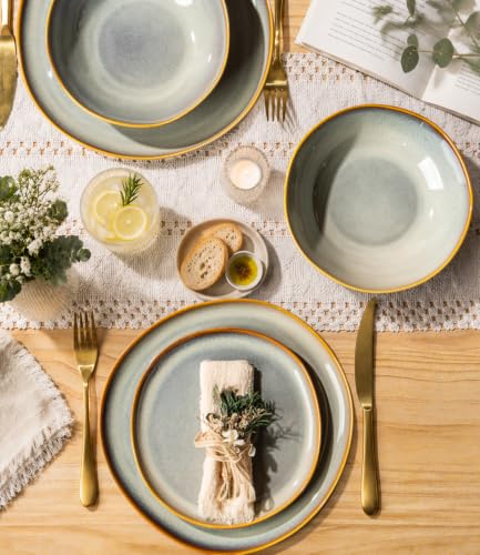TheTerra Ceramic Dinnerware Set for 4, 12-Piece Plates and Bowls Set - color: Dusk Blue