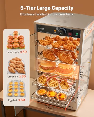 VEVOR 5-Tier Commercial Food Warmer Display, 800W Food Display Warmer with LED Light, Adjustable Shelf and Stainless Steel Frame, 86℉~185℉ Air Heating, 60L for Hamburger, Pizza, Bread, Fried Chicken - size: 5-Tier-63Qt