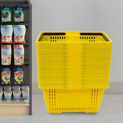 12Pcs Shopping Baskets, Plastic Shopping Baskets with Handles, 28L/7.4Gal Capacity Store Baskets Retail Baskets Grocery Baskets for Market, 18.9 x 13 x 10.2 Inches