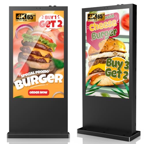 Outdoor Digital Signage, Floor Standing Kiosk IP65 Waterproof Display with WiFi HDMI/USB Input, 3000nits High Brightness Commercial Totem for Retail Stores, Subway, Restaurants 65 Inch - size: 65 Inch