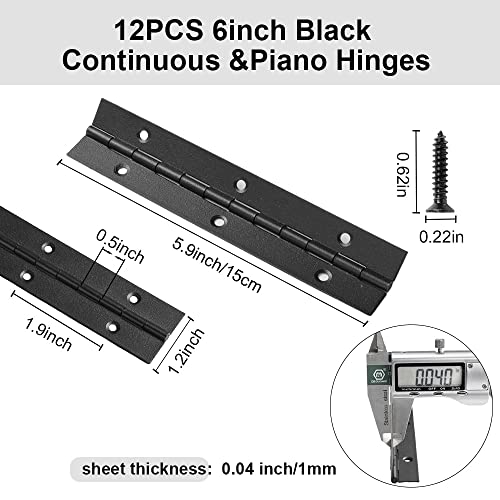 6 Pack 6 Inch Piano Hinge, Heavy Duty Continuous Hinge with Holes for Cabinets Boat Marine Door, 304 Stainless Steel 0.04" Leaf Thickness 1.2'' Open Width (Black) - size: 6 Inch (6PCS)
