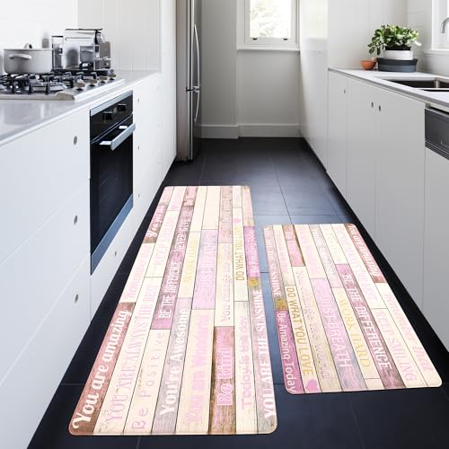 Inspirational Positive Quotes Kitchen Mats for Floor Pink Anti Fatigue Mats for Kitchen Floor Cushioned Waterproof Pink Kitchen Decor Set, 17.3"x 30" and 17.3"x 59" - color: Pink, size: 17"x30"+17"x59"