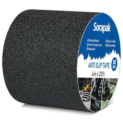 Black Anti Slip Tape 4in x 20ft, 80 Grit Waterproof Non Skid Grip Tape Roll for Ramps, Decks, Boat Decks, Warehouse Floors, Garages, Indoor & Outdoor Use - size: 4'' x 20 FT