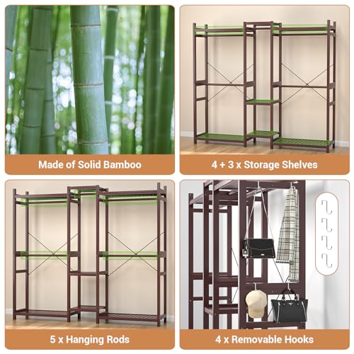 Homykic Bamboo Clothing Rack with 7 Shelves, 5 Rods, 70” Wide, Espresso - color: Espresso, size: III Large