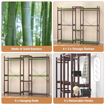 Homykic Bamboo Clothing Rack with 7 Shelves, 5 Rods, 70” Wide, Espresso - color: Espresso, size: III Large