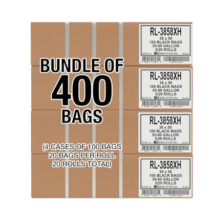 Aluf Plastics 55 Gallon Trash Can Liners (400 Count) - 38" x 58" - Thick 1.5 MIL Equivalent Black Trash Bags for Bathroom, Kitchen, Office, Industrial, Commercial, Recycling and More - color: Black, style: 55-60 Gal, 1.2 Mil, 400 Count