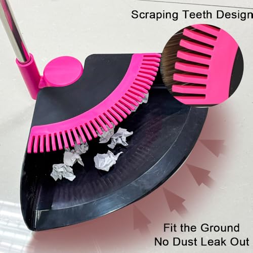 Triangular Indoor Broom and Dustpan Comb Set, 180° Rotating, Soft Bristle Long Handle Upright Sweeping Angled Broom with Self-Cleaning Teeth for Home, Kitchen, Office, Wood Floor (Black Pink) - color: Black Pink