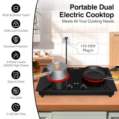 VBGK Electric Cooktop,3000W Electric Stove Top,Countertop and Built-in Hot Plate with Child Safety Lock, Timer, LED touch Knob Control,Overheat Protection,110V 2 Burner Induction Cooktop - size: 2 Burner Induction Cooktop