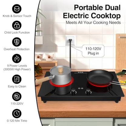 VBGK Electric Cooktop,3000W Electric Stove Top,Countertop and Built-in Hot Plate with Child Safety Lock, Timer, LED touch Knob Control,Overheat Protection,110V 2 Burner Induction Cooktop - size: 2 Burner Induction Cooktop