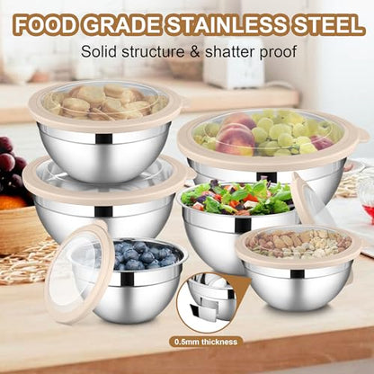 LIANYU 6 PCS Stainless Steel Mixing Bowls with Visible Lids for Cooking - color: Khaki, style: Atlas Base with Visible Lids