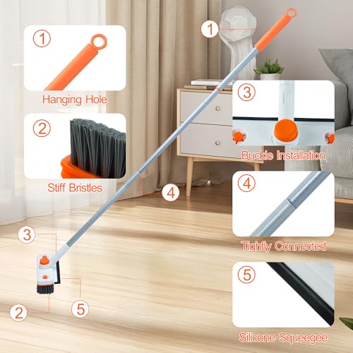 Floor Scrub Brush with Long Handle, 3-in-1 Rotating Scrubber with Squeegee