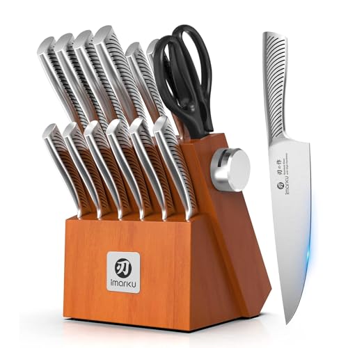 imarku 14 Piece Stainless Steel Knife Set with Build-in Sharpener - color: Brown