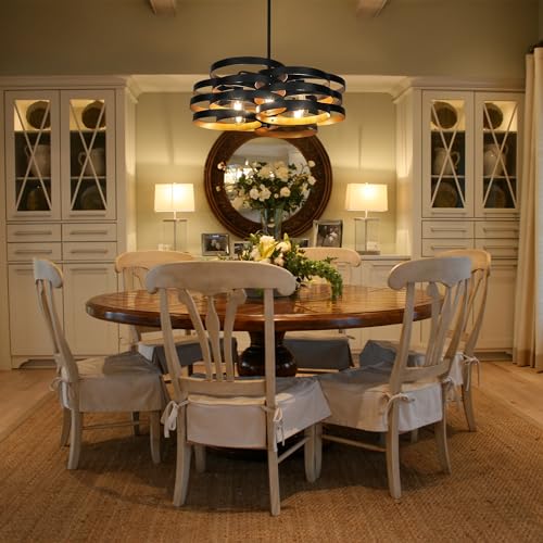CNRATYE 6-Light Modern Farmhouse Chandeliers for Dining Room, Rustic Multiple Rings Pendant Lighting, Industrial Metal Round Chandelier for Kitchen Entryway, Black with Gold Interior - size: 6-Light