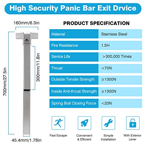 IRONWALLS 32" Panic Bar with Vertical Rod & 2-Pack 27.5" Commercial Door Push Bar Panic Exit Device with Door Lever Keyed Different, Heavy Duty Stainless Steel Panic Exit Hardware for Double Doors