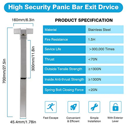 IRONWALLS 32" Panic Bar with Vertical Rod & 2-Pack 27.5" Commercial Door Push Bar Panic Exit Device with Door Lever Keyed Different, Heavy Duty Stainless Steel Panic Exit Hardware for Double Doors