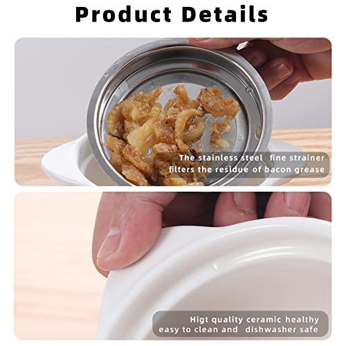ONTUBE Ceramic Bacon Grease Container Keeper with Strainer 17oz, White - color: White