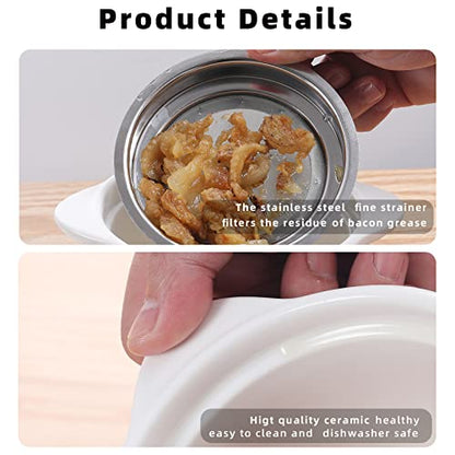 ONTUBE Ceramic Bacon Grease Container Keeper with Strainer 17oz, White - color: White