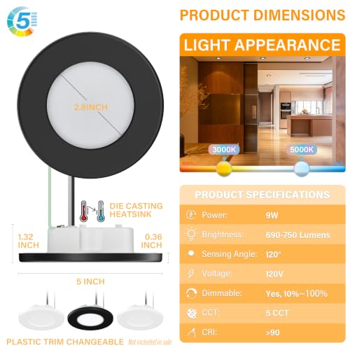4 Inch LED Mini Surface Mount Light, Recessed Trim, Small Flush Mount Ceiling Light for Hallway, Bathroom, Kitchen, 120V, 60W Replacement, 5CCT Selectable, ETL, Wet Rated, Black/2 Packs - color: Black, size: 2 Packs