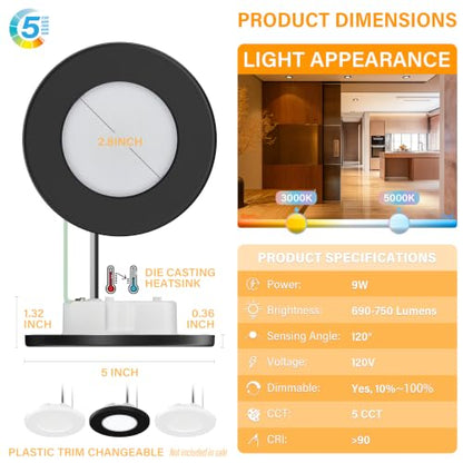 4 Inch LED Mini Surface Mount Light, Recessed Trim, Small Flush Mount Ceiling Light for Hallway, Bathroom, Kitchen, 120V, 60W Replacement, 5CCT Selectable, ETL, Wet Rated, Black/4 Packs - color: Black, size: 4 Packs