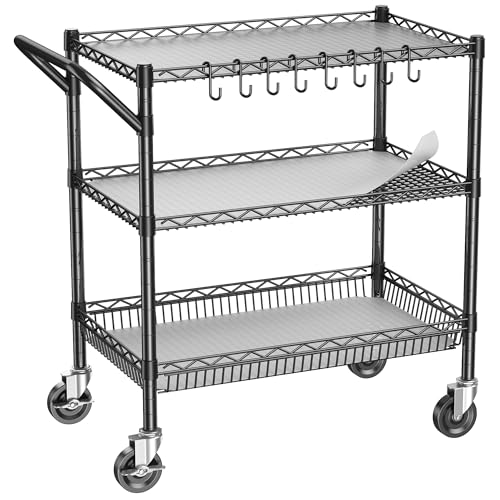 1050Lbs Heavy Duty 3 Tier Rolling Utility Metal Storage Cart with Wheels - color: Black（18d X 36w X 32h, 1050lb）