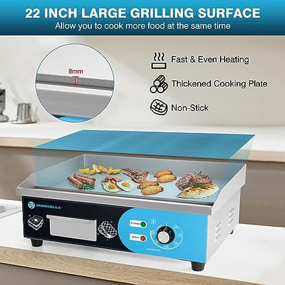 IRONWALLS Commercial Griddle Electric 22”, 3000W Electric Flat Top Grill, Stainless Steel Countertop Electric Griddle Nonstick with 122~572℉Adjustable Temperature Control for Restaurant Kitchen - color: Blue Panel, size: 22 Inch(Flat Top)