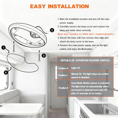 RV Motion Sensor Light LED 12 Volt Light Fixtures 6 Inch Oval with Switch - color: White shell