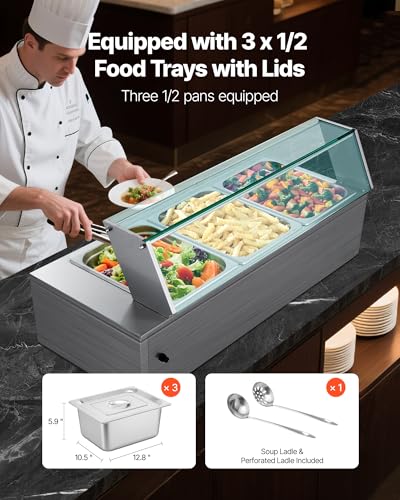 VEVOR Commercial Food Warmer, 1500W Electric Stainless Steel Steam Food Warmer with Glass Cover, 3-Pan Countertop Buffet Bain Marie with Soup & Perforated Ladles, for Catering, Restaurant & Party - size: 36.22 x 14.37 x 15.16 in