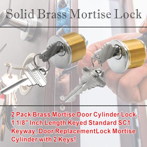 2Pcs Brass Mortise Cylinder Locks with 2 SC1 Keyway Keys - size: 1-1/8 inch Door Cylinder Locks