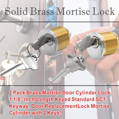 2Pcs Brass Mortise Cylinder Locks with 2 SC1 Keyway Keys - size: 1-1/8 inch Door Cylinder Locks